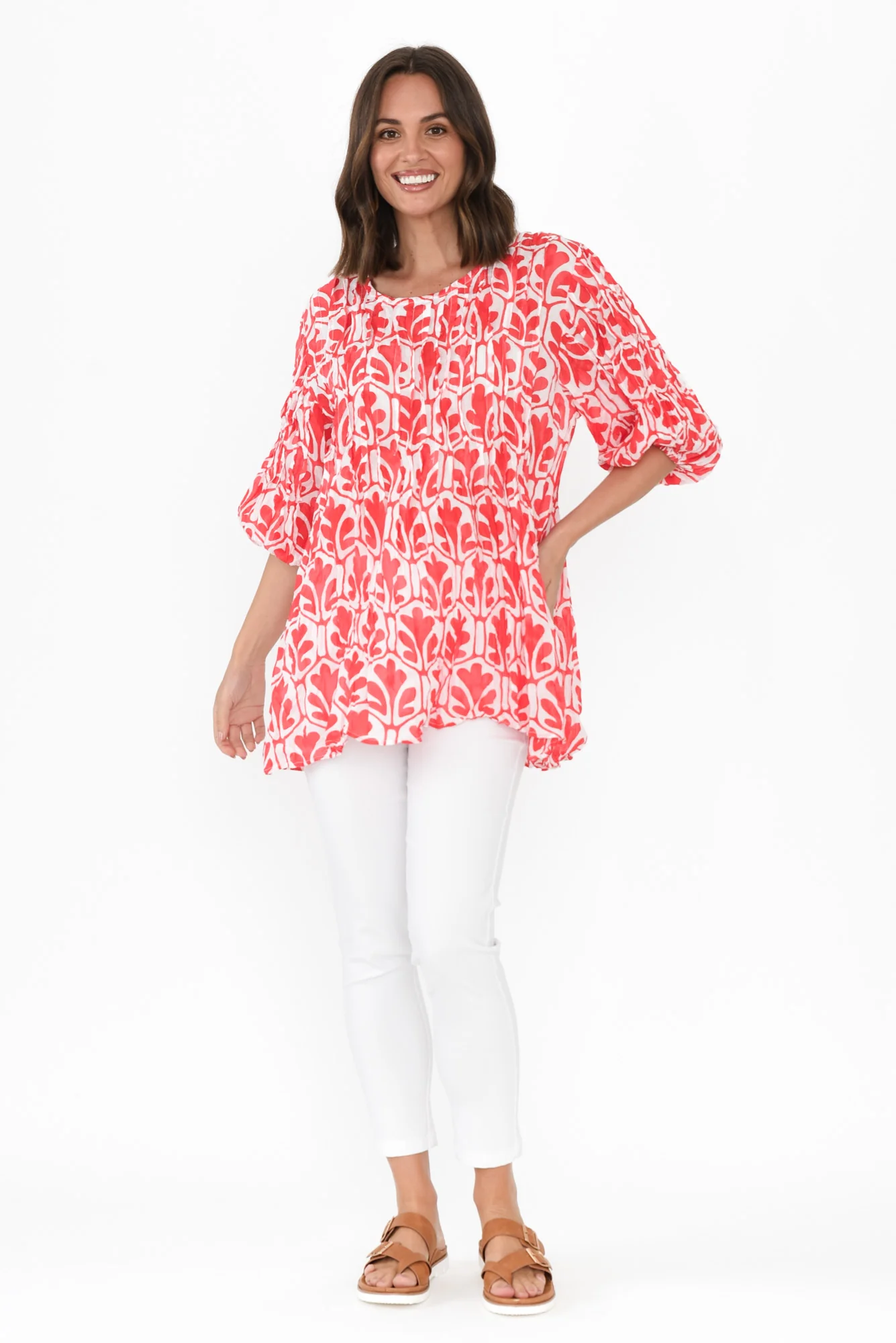 Selma Red Abstract Crinkle Cotton Top - Image 7