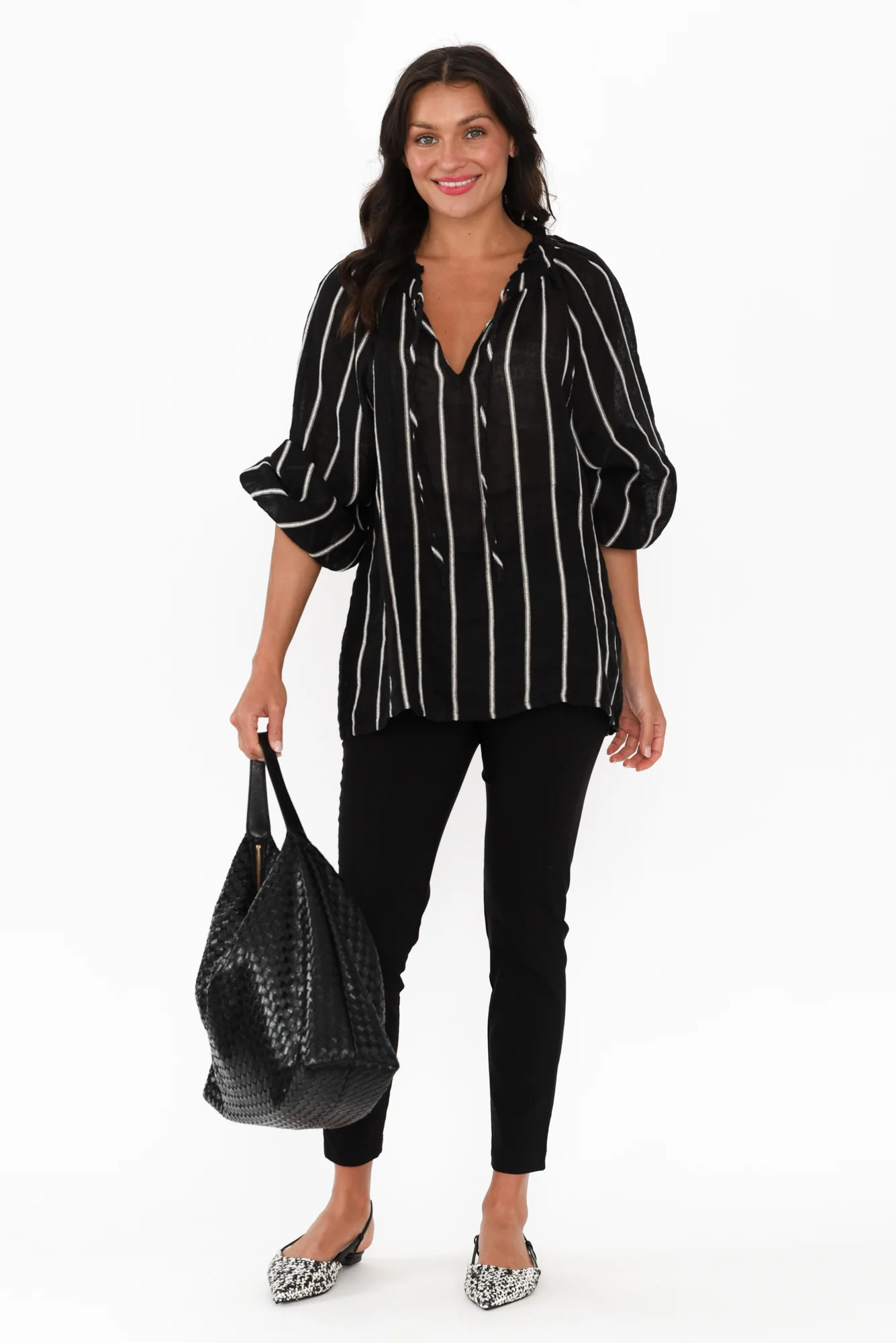 Sussana Black Stripe Linen Tie Top - Image 2
