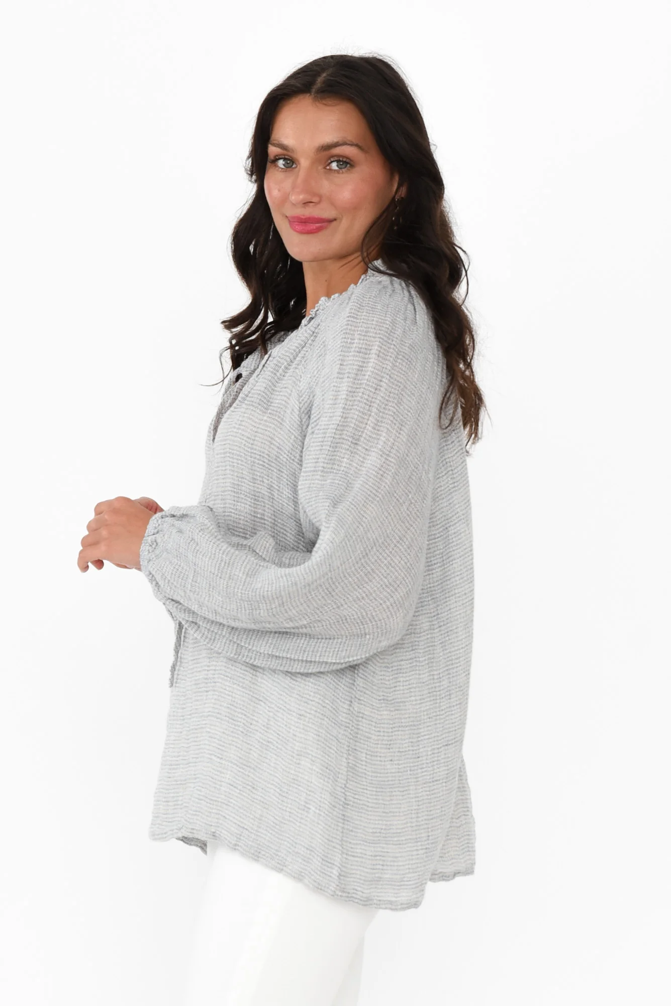 Sussana Light Blue Stripe Linen Tie Top - Image 3