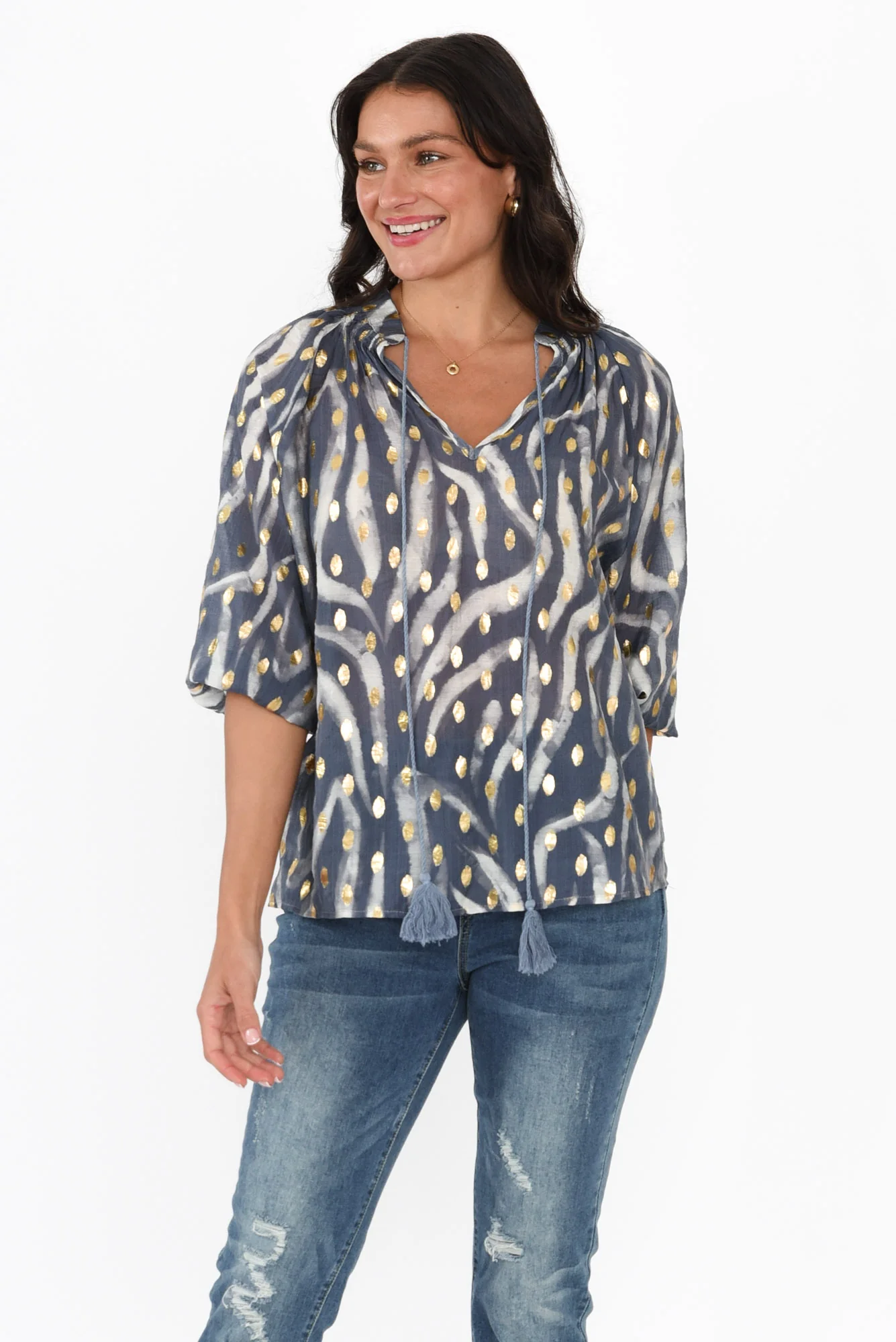Theo Navy Swirl Cotton Blend Blouse