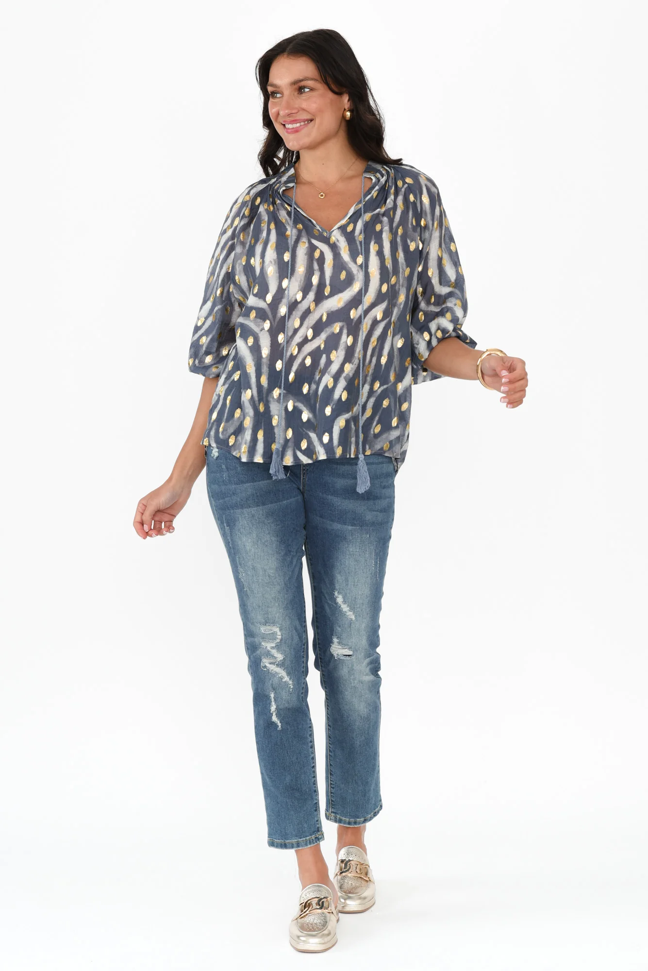 Theo Navy Swirl Cotton Blend Blouse - Image 2