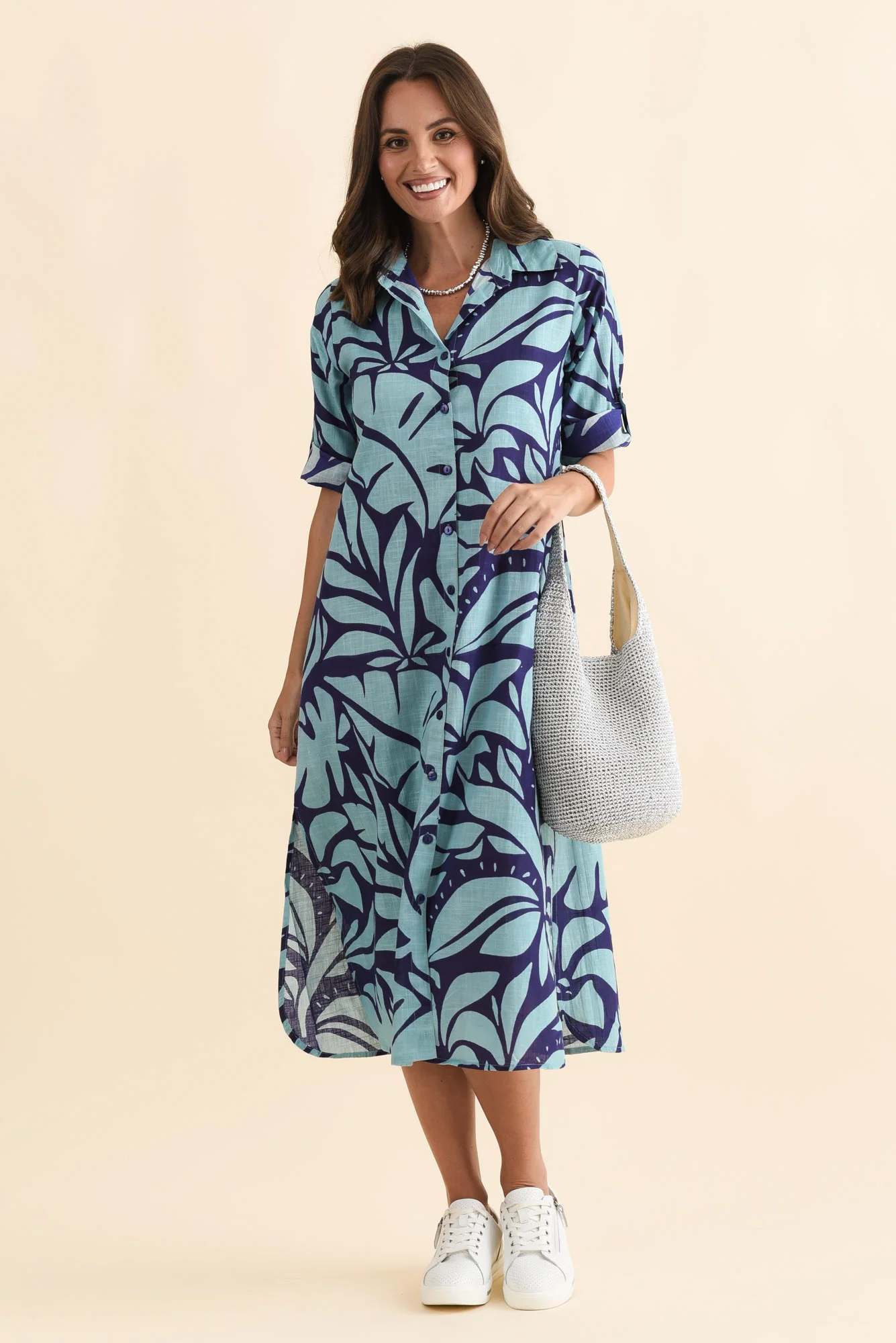 Tricia Blue Botanical Cotton Shirt Dress