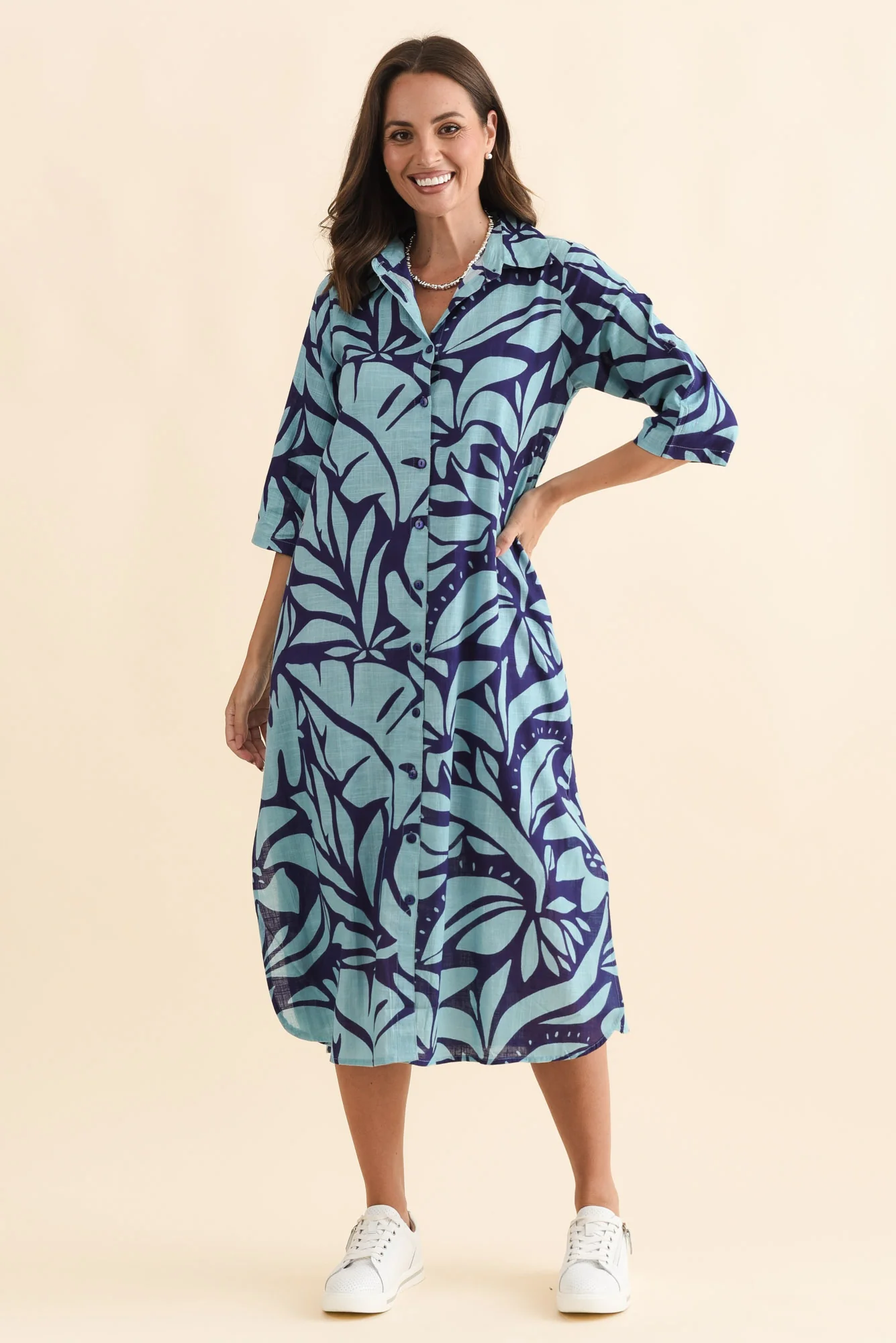 Tricia Blue Botanical Cotton Shirt Dress - Image 6