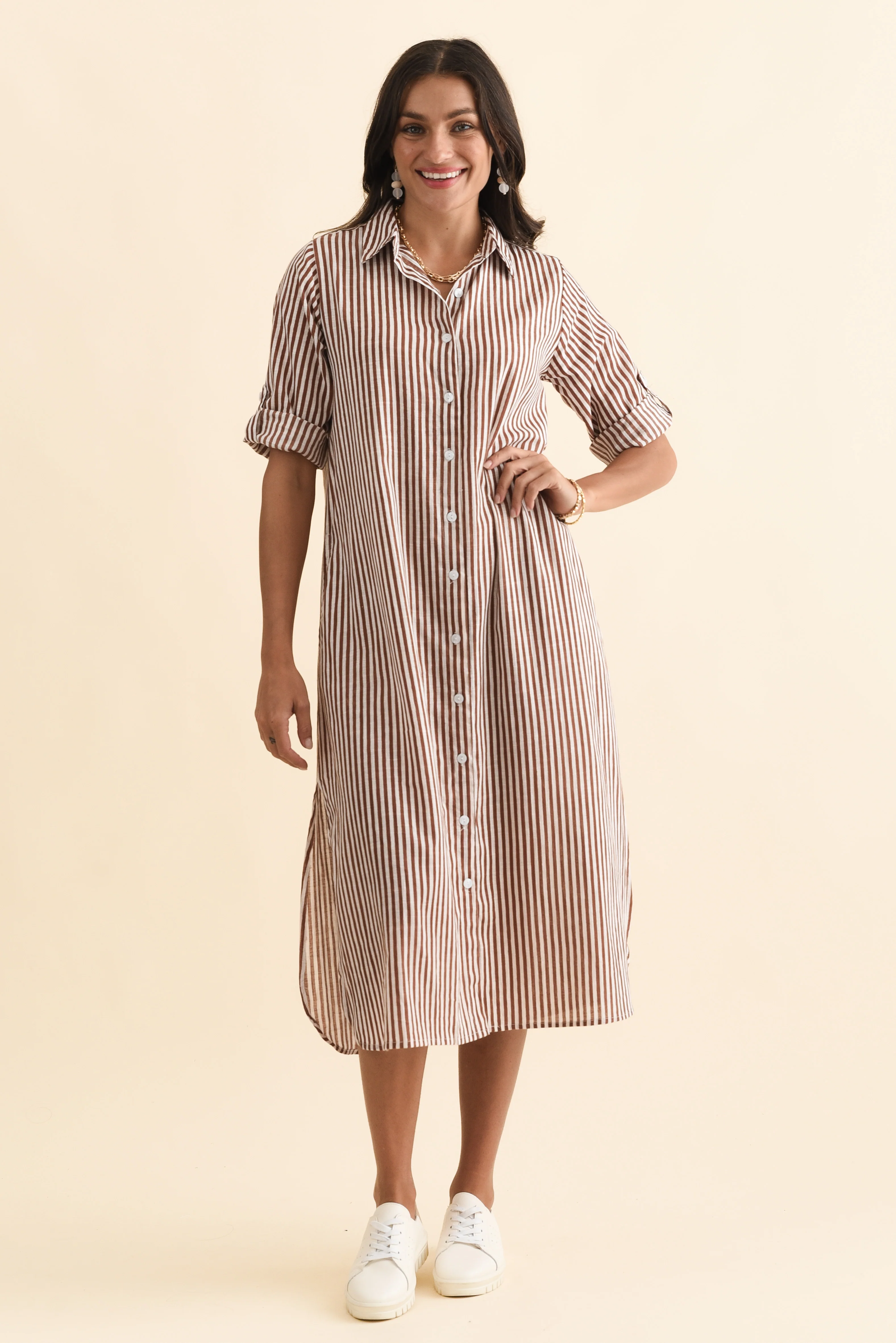 Tricia Mocha Stripe Cotton Shirt Dress - Image 3