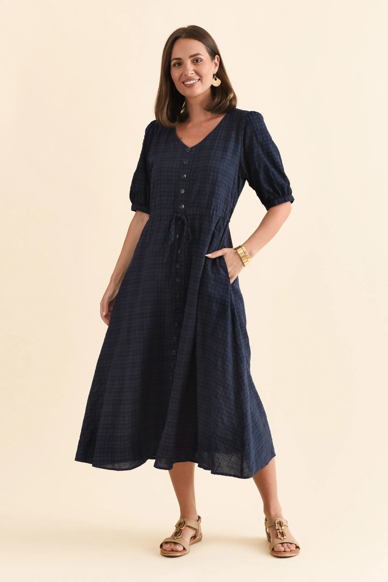 Weslyn Navy Check Cotton Blend Dress