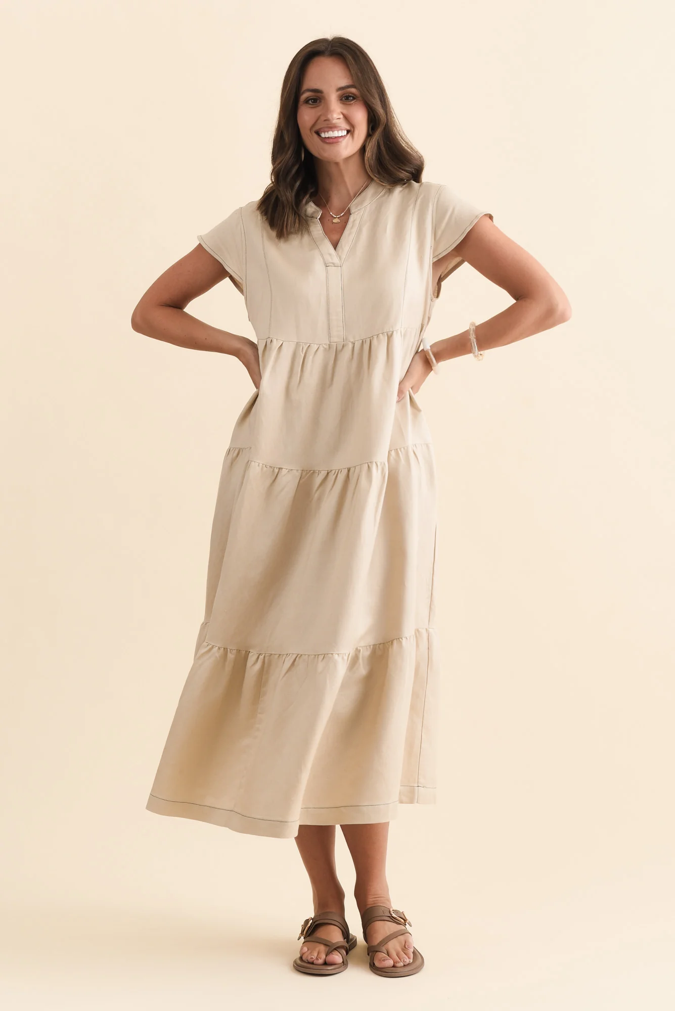 Yvette Natural Contrast Linen Blend Dress - Image 7