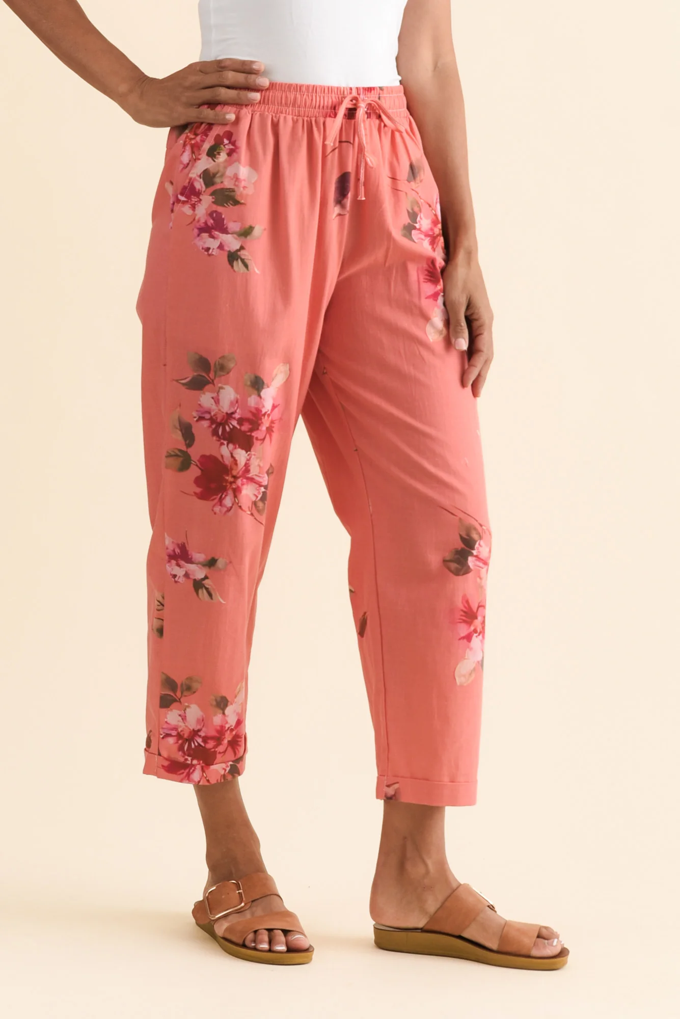 Zina Orange Flower Cotton Pants - Image 3